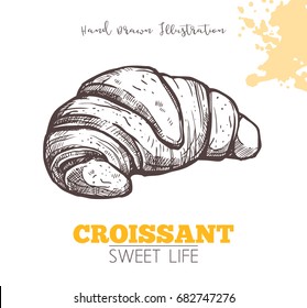 Sketch Of Sweet Croissant. Dessert Bakery In Hand Drawn Vector Style