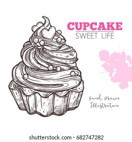 Sketch Of Sweet Cupcake With Cream. Dessert Bakery In Hand Drawn Vector Style