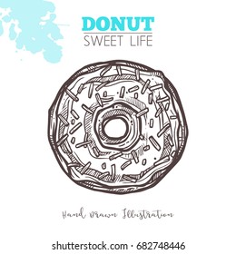 Sketch Of Sweet Donut With Cream And Confectionery. Dessert Bakery In Hand Drawn Vector Style