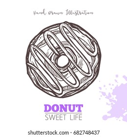 Sketch Of Sweet Donut With Cream. Dessert Bakery In Hand Drawn Vector Style