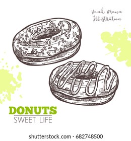 Sketch Of Sweet Donuts With Cream. Dessert Bakery In Hand Drawn Vector Style