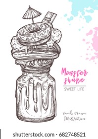 Sketch Of Sweet Freak And Crazy Milkshakes. Dessert Monstershakes In Hand Drawn Vector Style