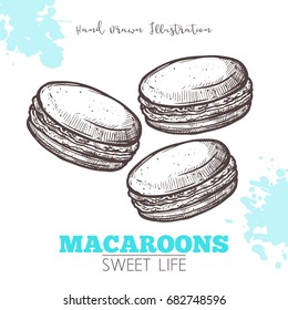 Skizze von süßen Macaroonen. Dessertbackerei auf handgezeichnete Vektorgrafik