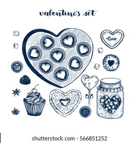 Sketch a sweet Valentine's Day set. illustration isolated on white background. Template for label poster, logo, web, card