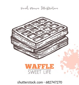 Sketch Of Sweet Waffle. Dessert Bakery In Hand Drawn Vector Style