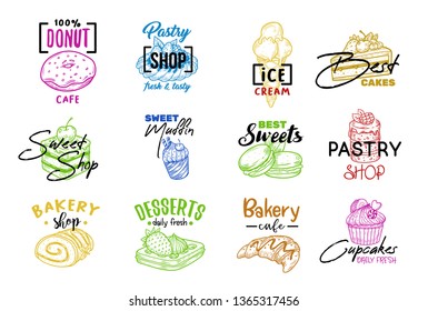 Sketch of sweets and bakery or hand drawn pastry. Croissant and cake with cream, candy and doughnut, pie with strawberry, chocolate cream, ice cream, roulette. Food and confectionery, cookie theme