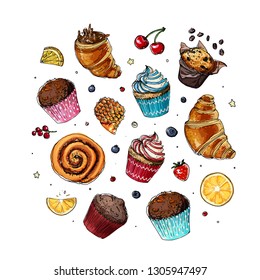 Sketch sweets. Baking drawn line is not white. Sketch of food. Croissant, Christmas cake, bun with cinnamon, ginger biscuits. Sweets, pastries.