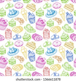 Sketch of sweets and confectionery bakery in seamless pattern tile. Background for candy shop or store wrapper. Ice cream and donut, croissant and ice cream, cake with strawberry, roulette. Food theme