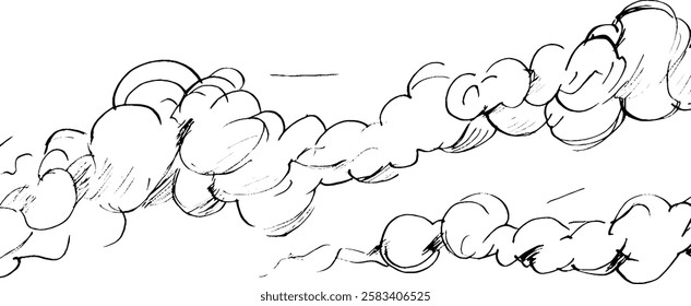 A sketch of swirling clouds or smoke, featuring dynamic, flowing lines and varying thicknesses to create a sense of movement and depth.