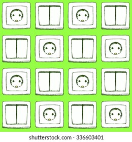 Sketch switch and socket in vintage style, vector seamless pattern