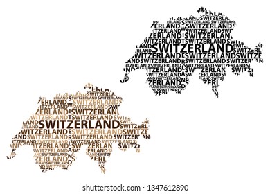 Sketch Switzerland letter text map, Swiss Confederation - in the shape of the continent, Map Switzerland (Helvetia)- black and brown vector illustration