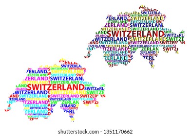 Sketch Switzerland letter text map, Swiss Confederation - in the shape of the continent, Map Switzerland (Helvetia)- color vector illustration