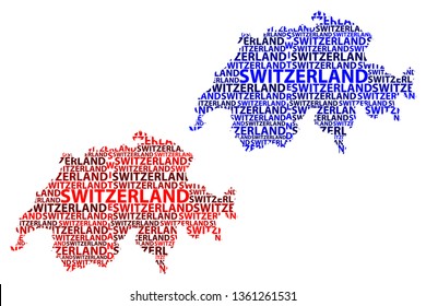 Sketch Switzerland letter text map, Swiss Confederation - in the shape of the continent, Map Switzerland (Helvetia)- red and blue vector illustration