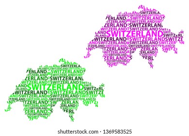 Sketch Switzerland letter text map, Swiss Confederation - in the shape of the continent, Map Switzerland (Helvetia)- green and purple vector illustration