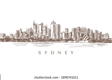 Sketch of a Sydney panorama with skyscrapers, Sydney, Australia, hand-drawn.