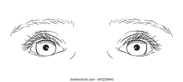 Sketch of symmetrical baby eyes with long eyelashes reflected in the eyeballs, Hand drawn vector illustration isolated on white background