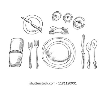 Sketch Table Setting On White Background Stock Vector (Royalty Free ...