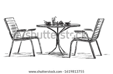 Sketch of table with tableware and chairs in outdoor caffe