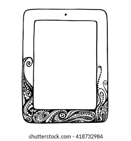 Sketch tablet computer with curlicues and flourishes doodle ornament, vector illustration Tablet