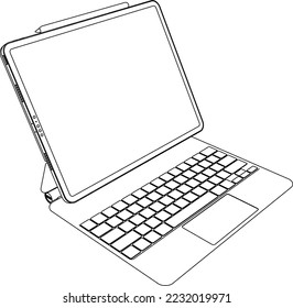 boceto de tableta con teclado. Dispositivo digital con fondo blanco. Vector Eps10.