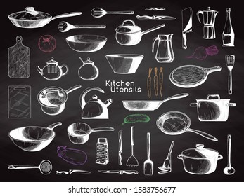 Sketch of tableware. Big set of dishes. Vector