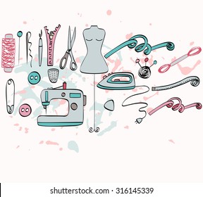 sketch  tailoring equipment, mannequin,  sewing machine. Hand drawn illustration