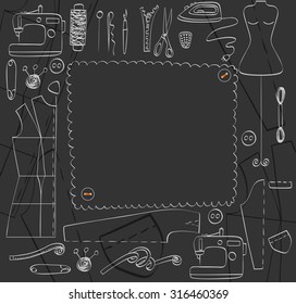 sketch  tailoring equipment, mannequin,  sewing machine. Hand drawn illustration