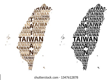 Sketch Taiwan letter text map, Republic of China (ROC) - in the shape of the continent, Map Taiwan - black and brown vector illustration