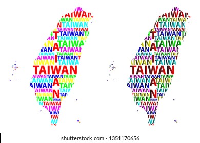 Sketch Taiwan letter text map, Republic of China (ROC) - in the shape of the continent, Map Taiwan - color vector illustration