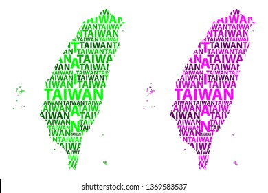 Sketch Taiwan letter text map, Republic of China (ROC) - in the shape of the continent, Map Taiwan - green and purple vector illustration