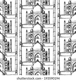 Sketch Taj Mahal, vector vintage seamless pattern