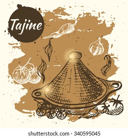 Sketch tajine background. Hand drawn vector illustration.