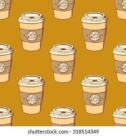 Sketch take away coffee in vintage style, vector seamless pattern