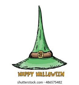 sketch tall witch hat isolated on white. vector halloween doodle art green wizard cone hat. witch hat handdrawn icon