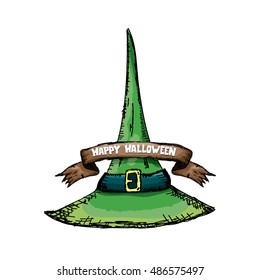 sketch tall witch hat isolated on white. vector halloween doodle art green wizard cone hat. witch hat handdrawn icon