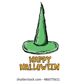 sketch tall witch hat isolated on white. vector halloween doodle art green wizard cone hat. witch hat handdrawn icon