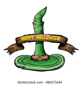 sketch tall witch hat isolated on white. vector halloween doodle art green wizard cone hat. witch hat handdrawn icon