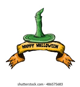 sketch tall witch hat isolated on white. vector halloween doodle art green wizard cone hat. witch hat handdrawn icon
