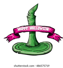 sketch tall witch hat isolated on white. vector halloween doodle art green wizard cone hat. witch hat handdrawn icon