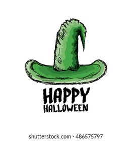 sketch tall witch hat isolated on white. vector halloween doodle art green wizard cone hat. witch hat handdrawn icon