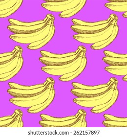 Sketch tasty bananas in vintage style, vector seamless pattern