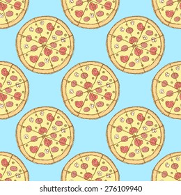 Sketch tasty pizza in vintage style, vector seamless pattern