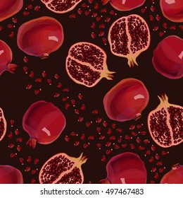 Sketch tasty red pomegranates, vector seamless pattern 