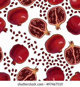 Sketch tasty red pomegranates, vector seamless pattern 