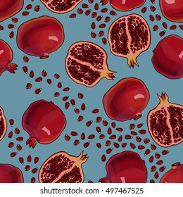 Sketch tasty red pomegranates, vector seamless pattern 