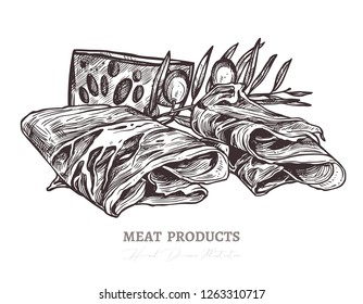 Sketch of tasty slices of meat, smoked pork or spanish jamon with olive and cheese. Vector monochrome hand drawn illustration of finger food, delicatessen antupasti