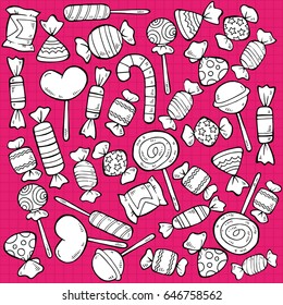 Sketch tasty sweet products pattern with wrapped candies and lollipops on bright pink background vector illustration
