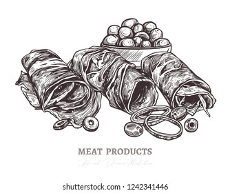 Sketch of tasty wrap slices of meat, smoked pork or spanish jamon with olive. Vector monochrome hand drawn illustration of finger food