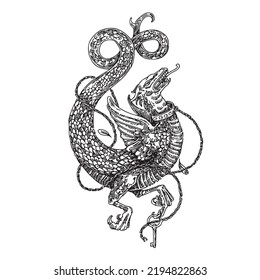 Sketch tattoo. Ancient dragon holding a key in its claws. Engraving style. Vector illustration.