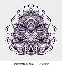 Sketch of tattoo art. Fantasy pattern. Vector isolated illustration. Mehndi.